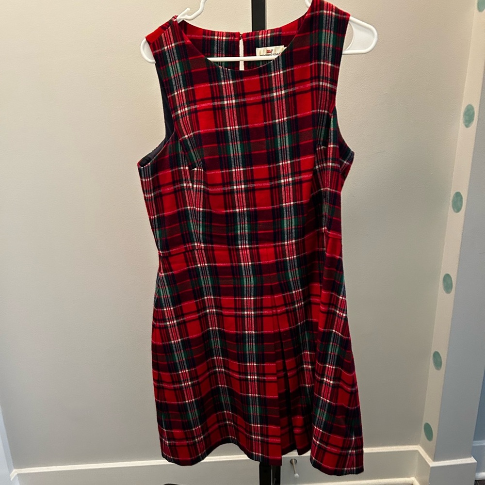 Sleeveless red Vineyard Vines plaid dress.